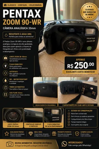 Câmera Fotográfica Pentax Zoom 90-WR Analógica 35mm | Vintage | Excelente Estado