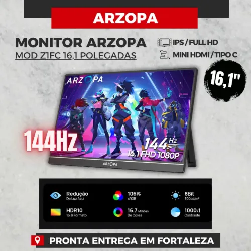 Monitor Gamer Arzopa Z1FC 144Hz 16.1 Polegadas Com alto Falantes