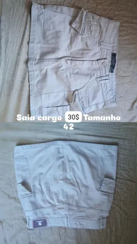 Roupas saia cargo, blusa, short.