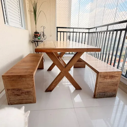 Conjunto mesa rústica madeira maciça com bancos