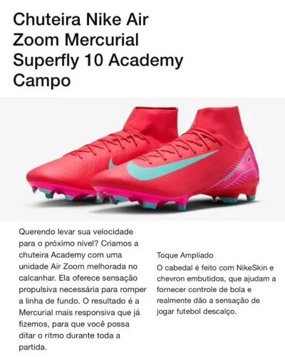 Chuteira Nike Air Zoom Mercurial Superfly 10 Academy Campo, nova na caixa