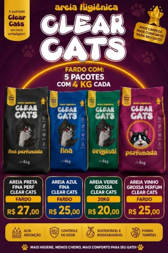 FARDO AREIA HIGIÊNICA CLEAR CATS PARA GATOS/FELINOS