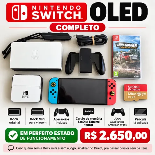 Nitendo Switch Oled 64gb + Cartão memória 256gb + Dock mini + Jogo