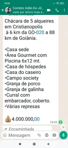 Chácara de 5 alqueires em Cristianópolis 4. milhões 