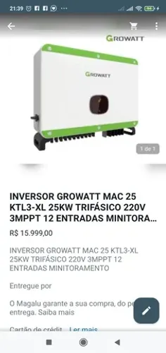 INVERSOR GROWATT MAC 25 KTL3-XL 25KM TRIFASICO 220V 3MPPTT 12 ENTRADAS 