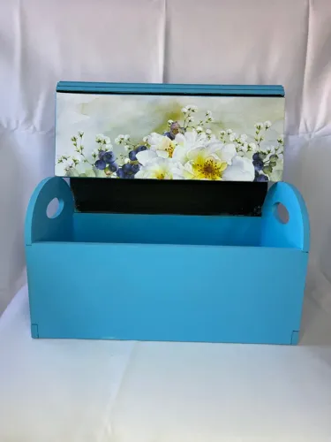 Baú em MDF 25,5x15x15 Azul com Flores