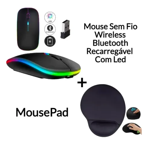 Mouse Sem Fio Wireless Bluetooth Recarregável Com Led + MousePad