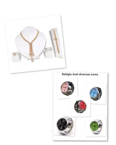 Conjunto de bijuterias e relógios de anel coloridos