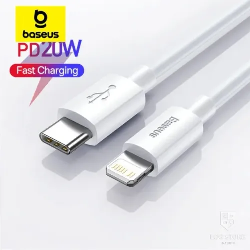 Cabo Baseus PD 20w em TPE Ultra Resitente para iphone 8 ao 14 com 1,5 Metros Branco