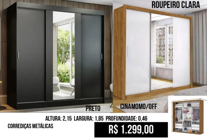 Roupeiro de 3 Portas - Preto ou Cinamomo - Com Espelho