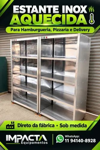 Pista aquecida inox- estante sob medida para hamburgueria, pizzaria, delivery