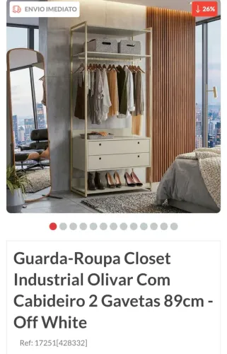 Guarda-Roupa Closet Industrial Olivar com Cabideiro 2 Gavetas - Off White