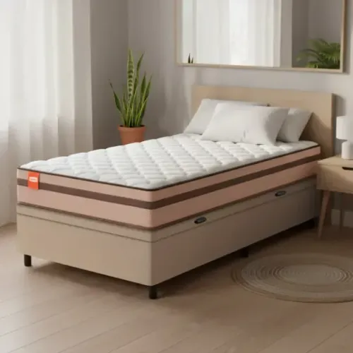 Cama Box Solteiro Completa com Colchão e Baú Bege