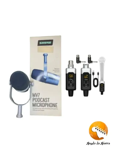 Conversor De Microfone Transmisor Sem Fio + Microfone MICROFONE SHURE PODCAST MV7-S s/fio