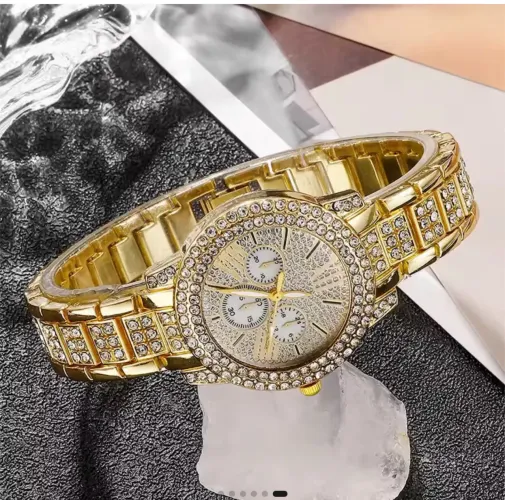 Relógio de Pulso Strass e conjunto de Joias Dourado, Luxo, Anel, Colar, Brinco, Casual.