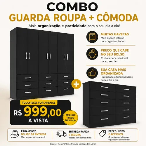 Combo Guarda Roupa 6 portas + Cômoda 10 gavetas - Entrega Rápida