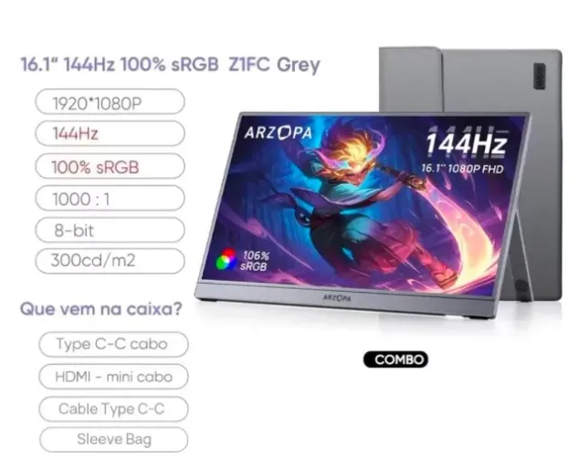 Monitor Portátil Arzopa 16.1 RGB 144Hz Z1FC Cinza + Bolsa - Original - Lacrado