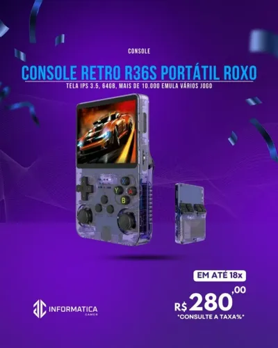 CONSOLE RETRO R36S PORTÁTIL ROXO