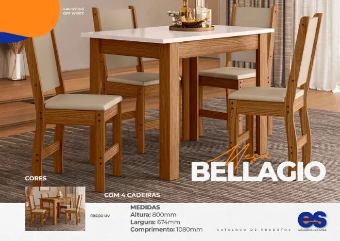 SALA JANTAR BELLAGIO 4 CADEIRAS E MESA