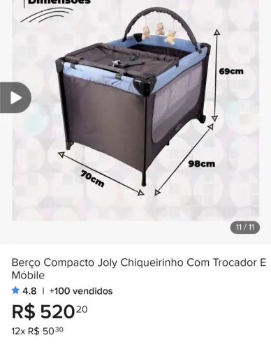 berço compacto joly chiqueirinho com trocador e móbile