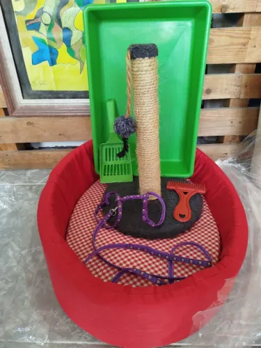 Kit Pet Gato/cama, arranhador, peitoral, bandeja com pá e escova.