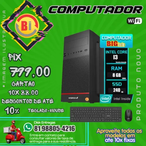 Computador Intel Corei3 + 8GB + SSD 240 + Wifi + Teclado + Mouse = Novo Em ate 10x Fixas