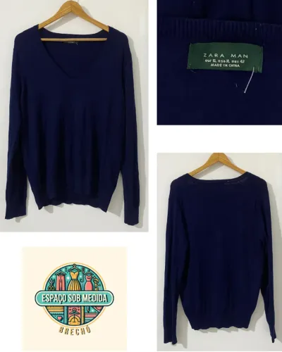 Suéter Zara Man azul marinho gola V