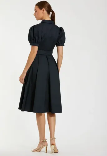 Navy Puff Sleeve Belted Midi Shirt Dress