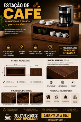 Estação de Café Premium em Madeira Pau Ferro