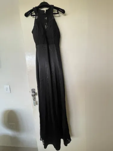 Vestido Longo Preto de Festa com Renda e Transparência - Tam P