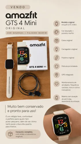 Smartwatch Amazfit GTS 4 Mini Original Dourado + Pulseira Marfim | Completo
