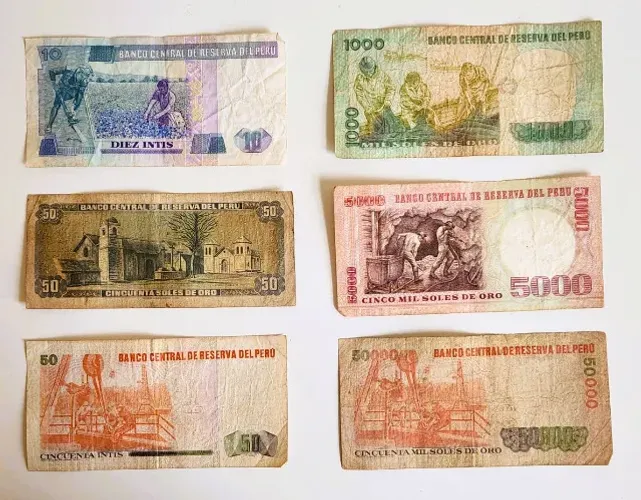 Coleção de notas antigas do Peru - Soles de Oro e Intis