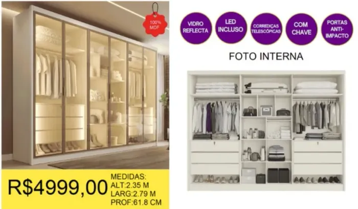 MARAVILHOSO ROUPEIRO 100% MDF COM LED E VIDROS