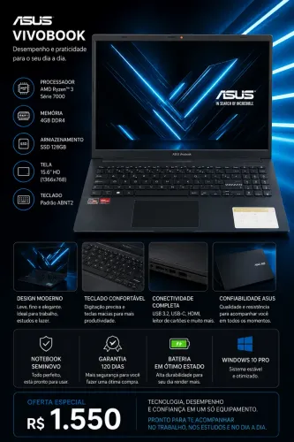 Notebook Asus Ryzen 3 Série 7 SSd 128,Giga