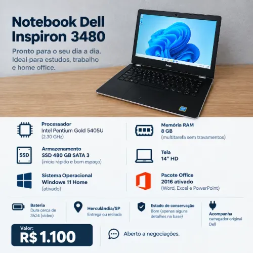 NOTEBOOK DELL INSPIRON 3480 - SSD 480GB + 8GB RAM