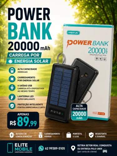 Power Bank Solar 20.000mAh Feiyun | Carregador Portátil |