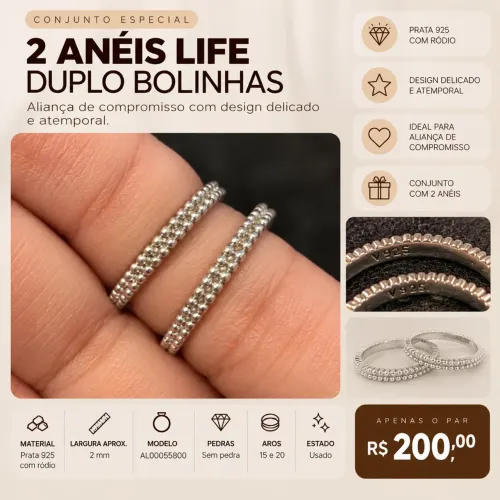 2 Aneis Life Duplo Bolinhas Em Prata 925 - Aliança de compromisso.
