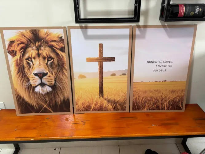 Trio de Quadros Decorativos 40x60 Leão Frase Cruz