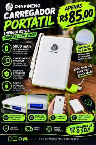 Power Bank 5000mAh CHNPINENG PN-952 - Carregador Portátil com Cabo Embutido