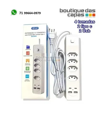 Filtro De Linha Extensão Elétrica 4 Tomadas E 2 Usb 2 Tipo C BX2204 cabo 2 metros