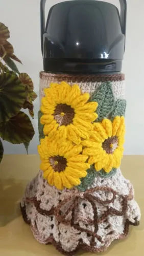 Capa em crochê para Garrafa Térmica de 1 litro- Girassol