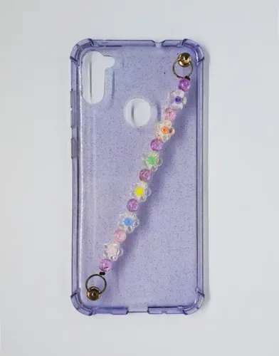 Case Capa Capinha Samsung Galaxy A11 de Silicone Azul com Purpurina - Corrente de Flores