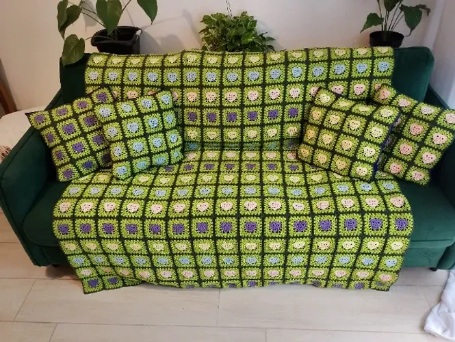 Manta para Sofá de Crochê com 4 Almofadas
