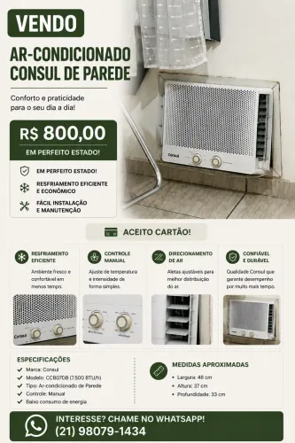 Ar-condicionado de parede Consul 7.500 BTUs em perfeito estado.