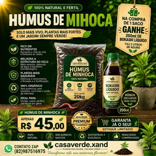 Húmus minhoca 20kg +adubo bokashi.