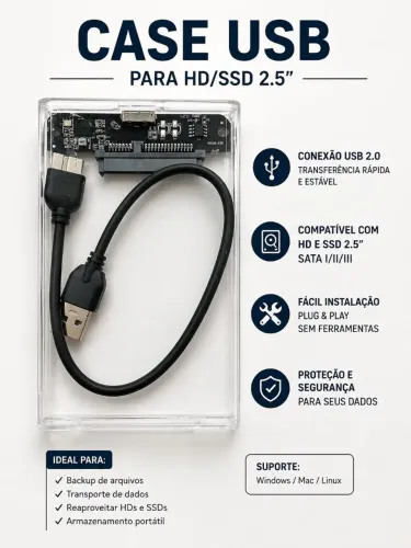 Case USB para HD/SSD 2.5" SATA Transparente.