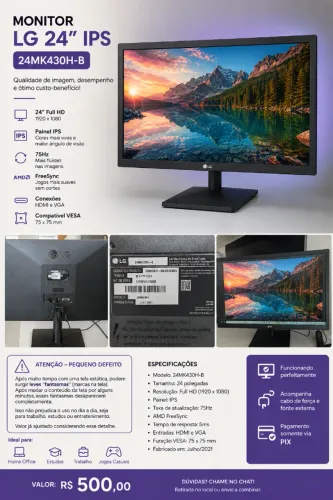 Monitor LG 24" Full HD IPS 75Hz - 24MK430H-B - Leia a descrição