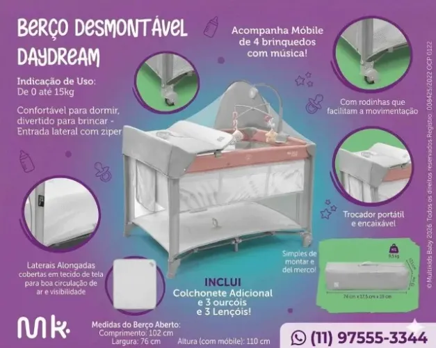 Berço desmontável DayDream Multikids em excelente estado À Venda