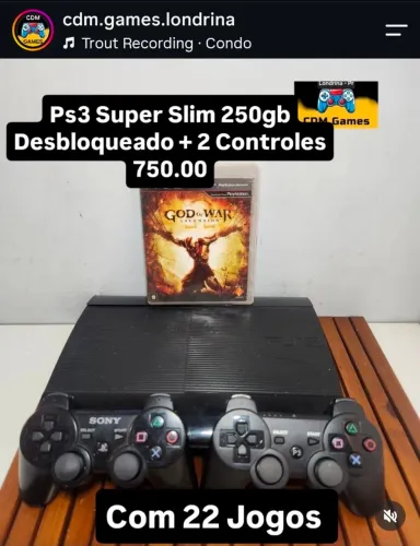 Ps3 Super Slim 250gb Desbloqueado + 2 Controles com 22 Jogos 750.00 - Preço Final 