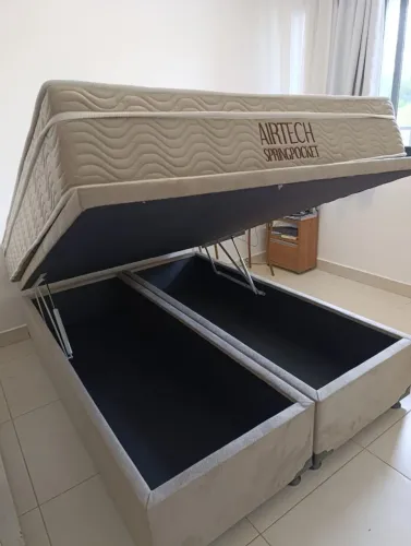 Box baú casal bi partido Suede bege com colchão airtech casal .